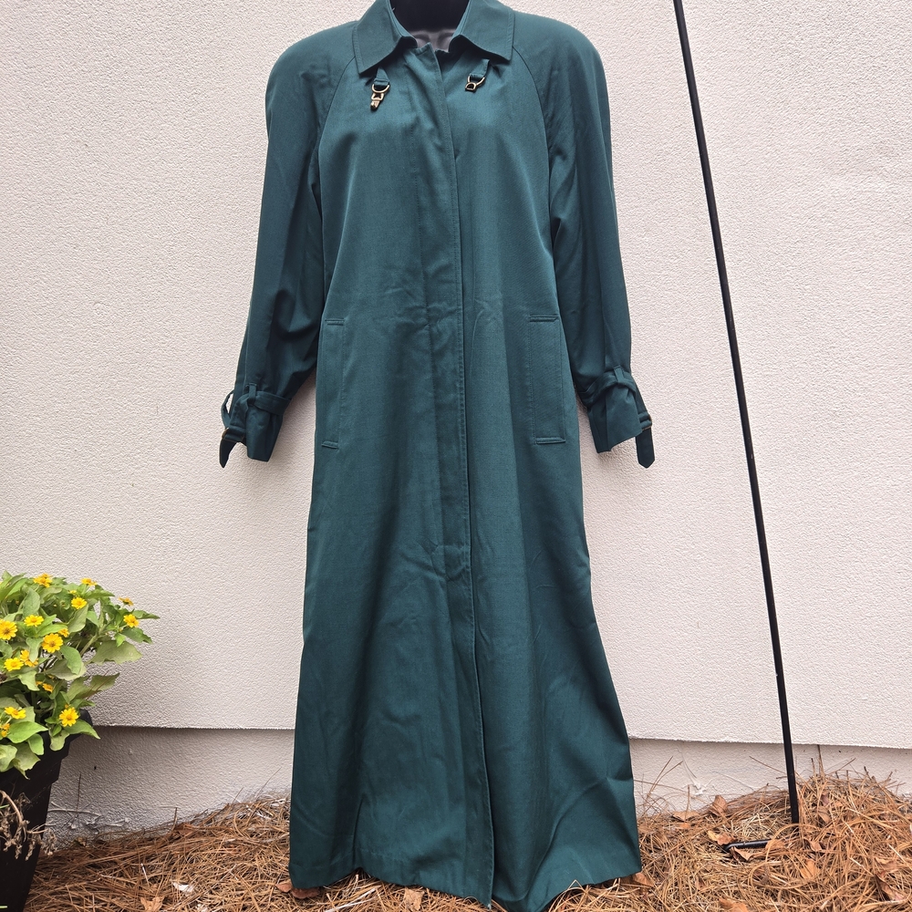 Etienne Aigner Vtg Size 8 Reg Dark Green 100% Wool Trench Overcoat Full Length